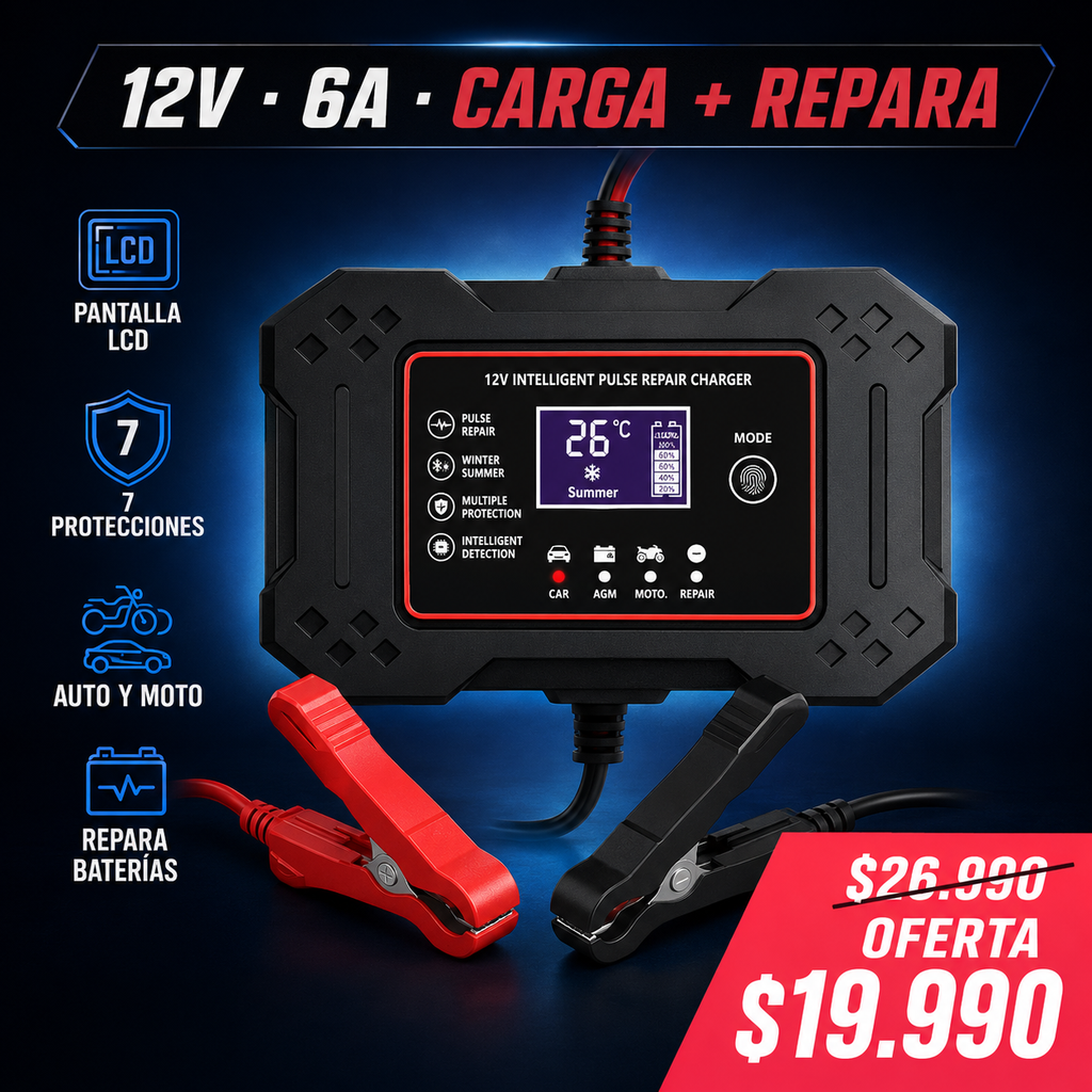 Cargador Inteligente de Batería 12V 6A — Carga + Reparación con Pantalla LCD