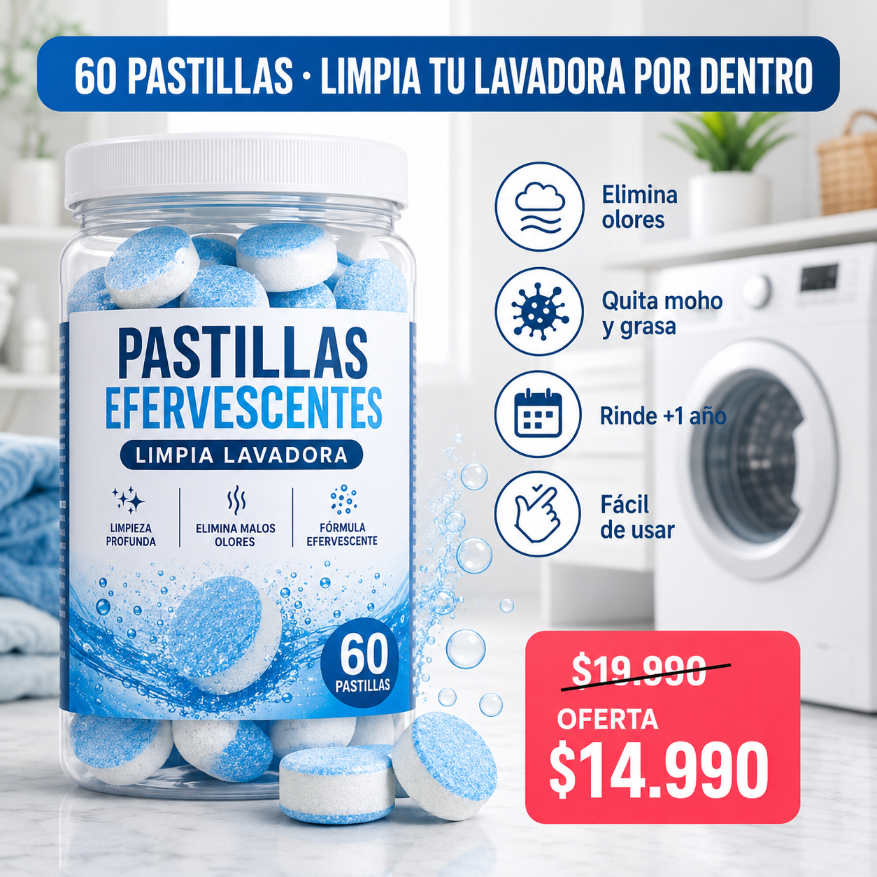 Pack 60 Pastillas Limpia Lavadora — Elimina Olores y Suciedad