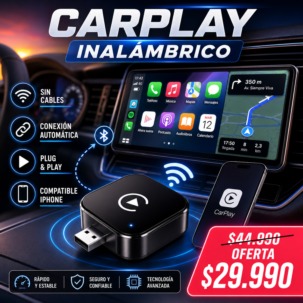 Adaptador CarPlay Inalámbrico — Conexión Sin Cables al Instante