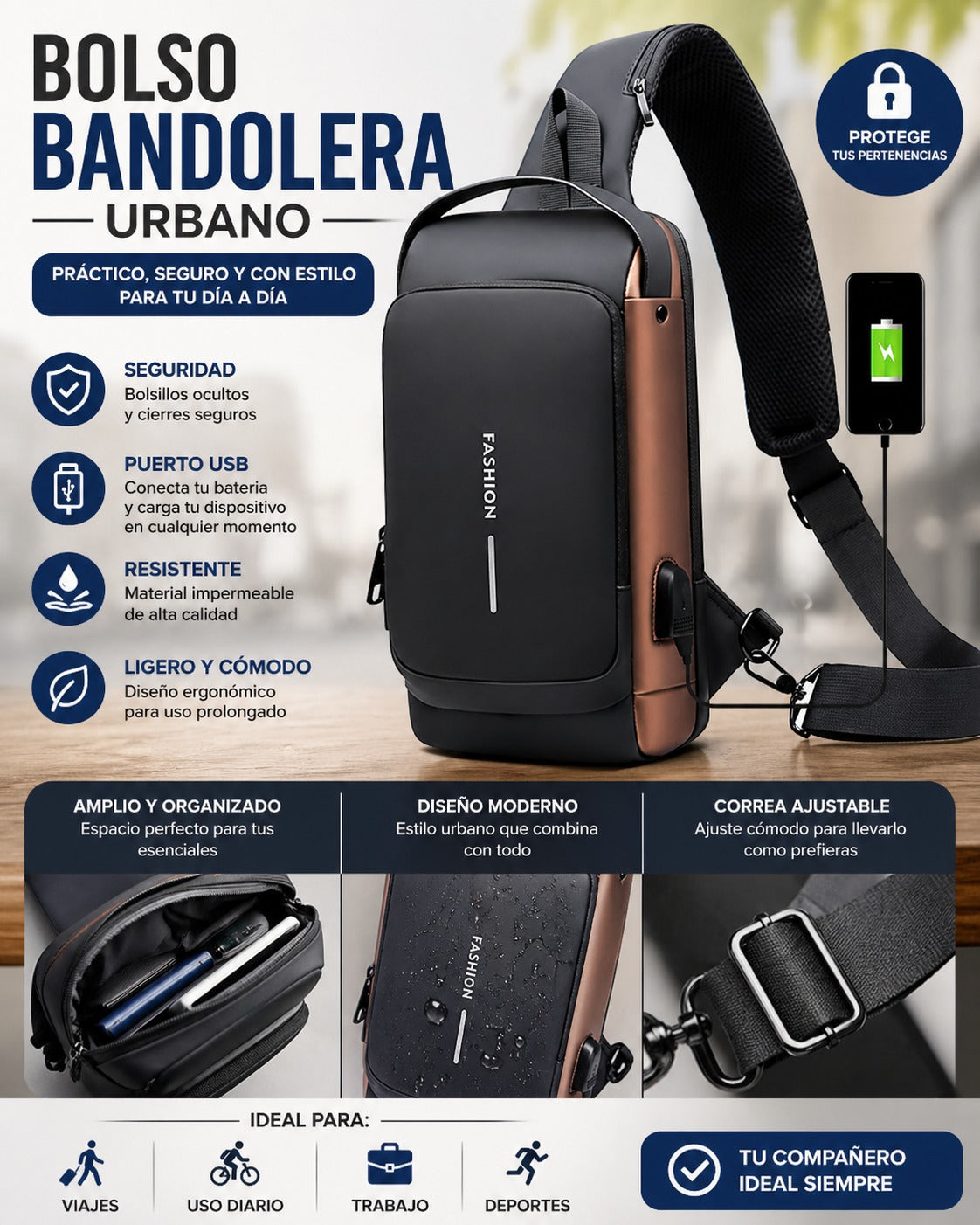 Bolso Mochila Antirobo con Puerto USB — 3 Colores